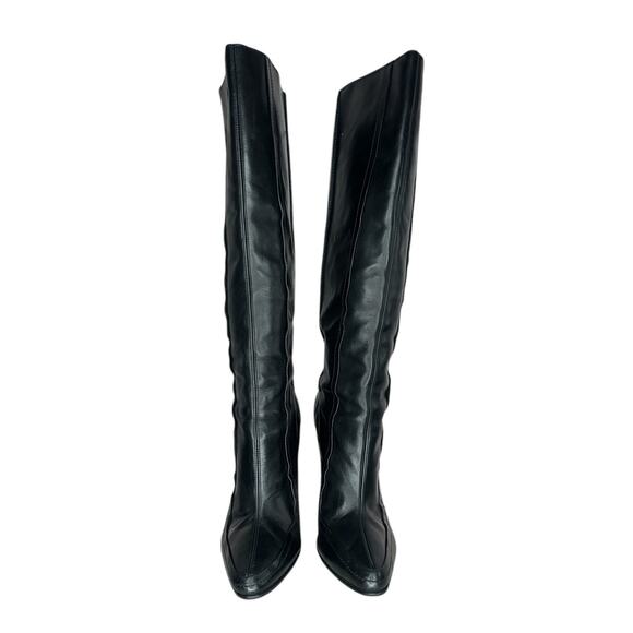 Alexander Wang Knee High Black Leather Boots Point Toe Stacked Heel Size 9 - Picture 4 of 11